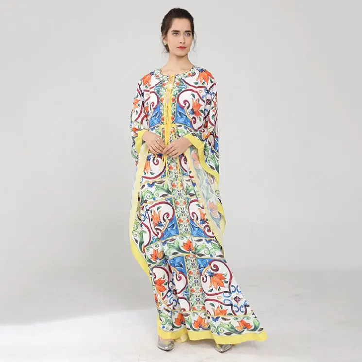 

Occident European Plus size Indian Clothing Pakistani Woman Robe Bat Dolman porcelain print silk beach party evening women dress