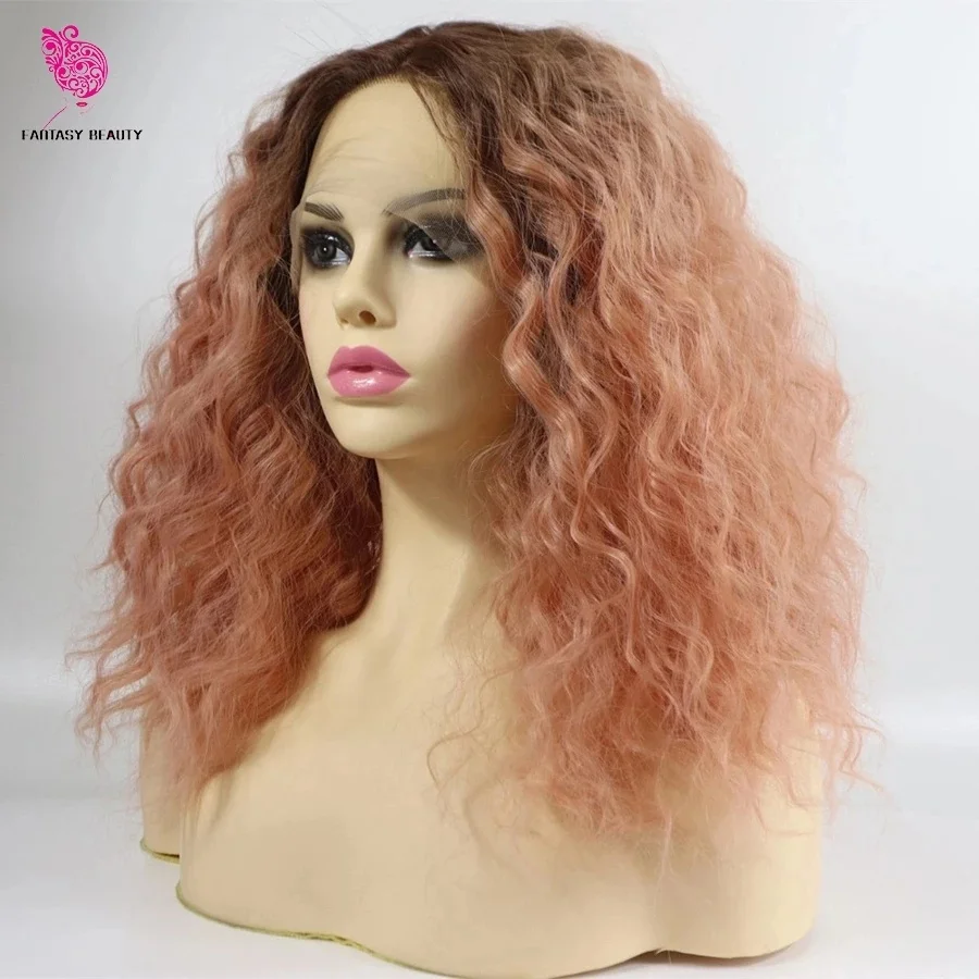 

Hand Tied High Temperature Fiber Dark Roots to Mxied Pink Short Bob Curly Heat Resistant Synthetic Lace Front Wigs for Cos Party, As picture