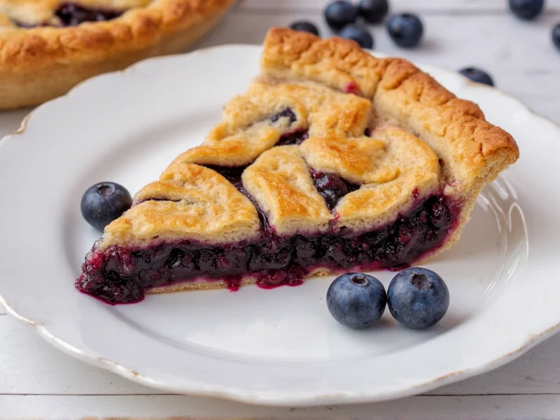 Sliced blueberry pie with perfect thick filling on ceramic plate