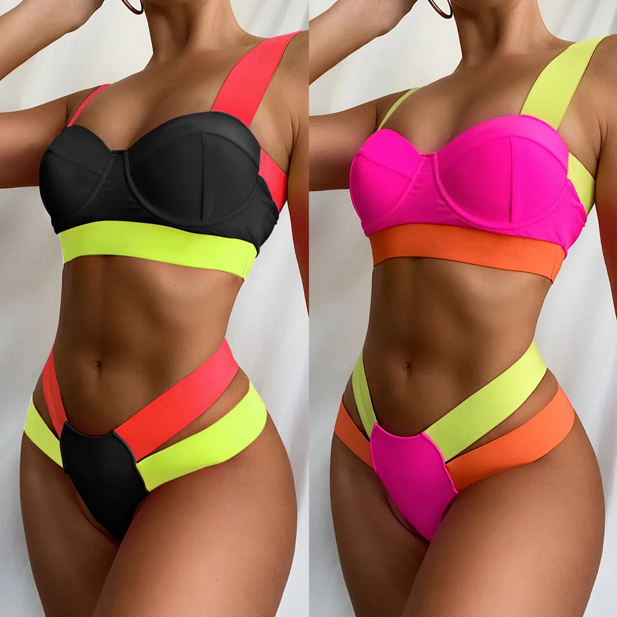 

2021 color contrast bandage bikini women's hard clad steel support swimsuit