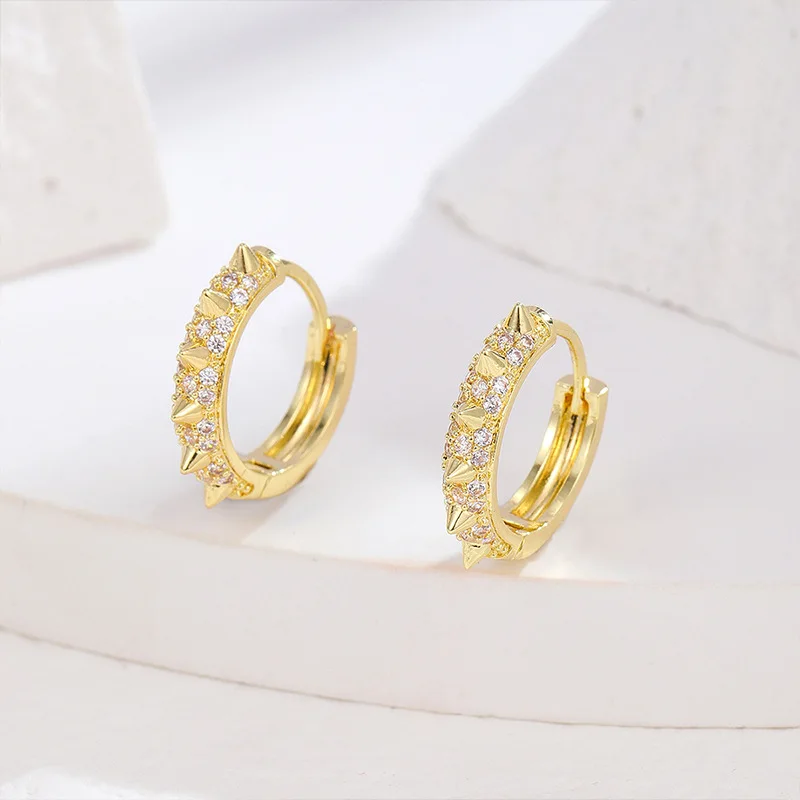 

Punk Real Gold Plated Cubic Zircon Spike Hoop Earrings Bling Micro Pave CZ Rivet Earrings For Women Girl