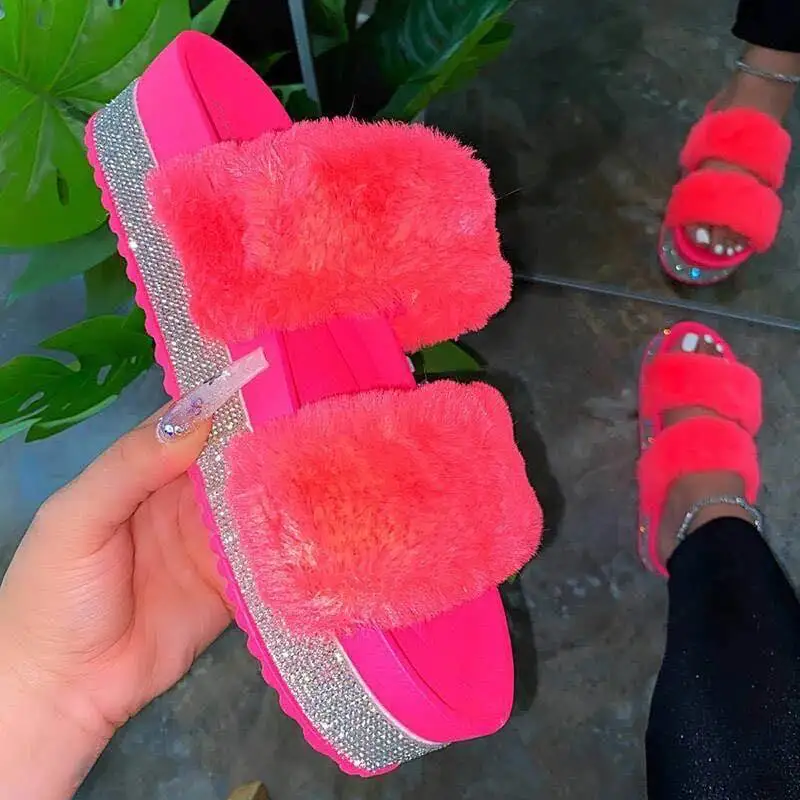 

2020 Summer Luxurious Women's Sandals Diamond Platform Fur Slippers Ladies Fashion Slides Outdoor Casual Footwear, 4 colors as picture