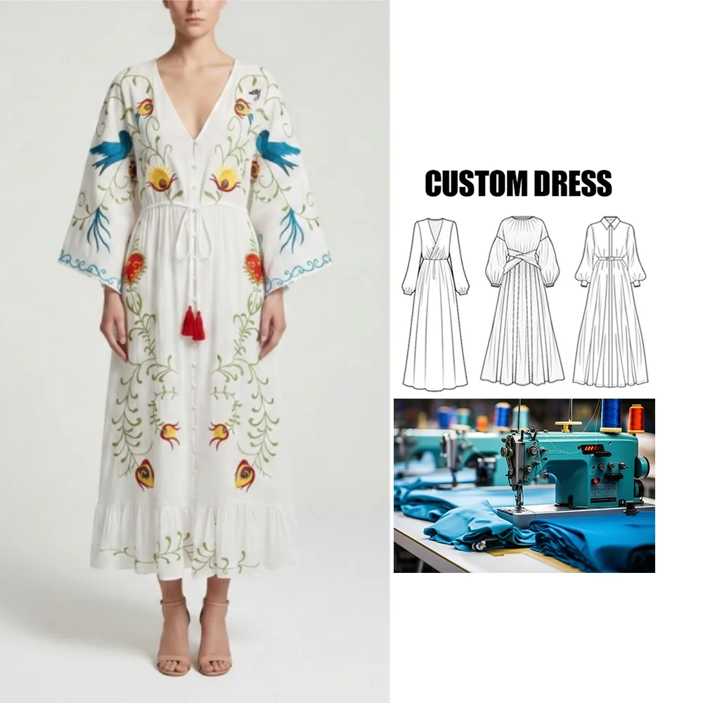OEM Service White Heavy Embroidery Dress Long Maxi Summer Gypsy Clothing for Women 100% Cotton Floral Pattern Dress