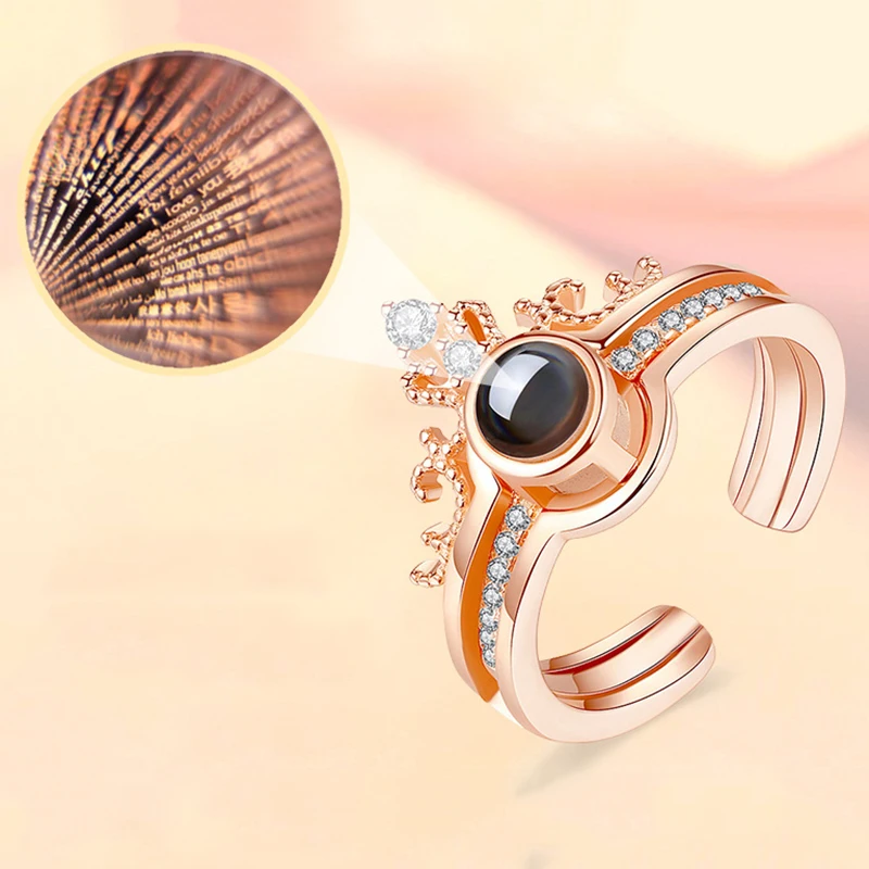 

Tiktok 100 Languages Projection Wedding Ring 2021 Rose Gold Plated Zircon Crown Two in One 100 Languages I You Couple Rings, Silver, rose gold