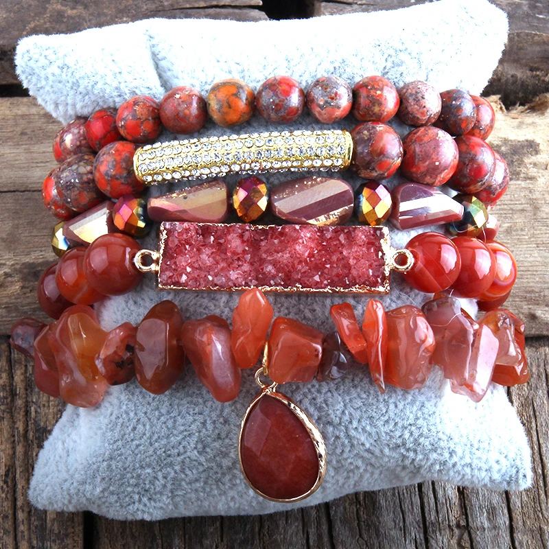 

Fashion Red Stones Beaded Bracelet Natural Stone Druzy Dorp Charms 5pc Bracelets Sets