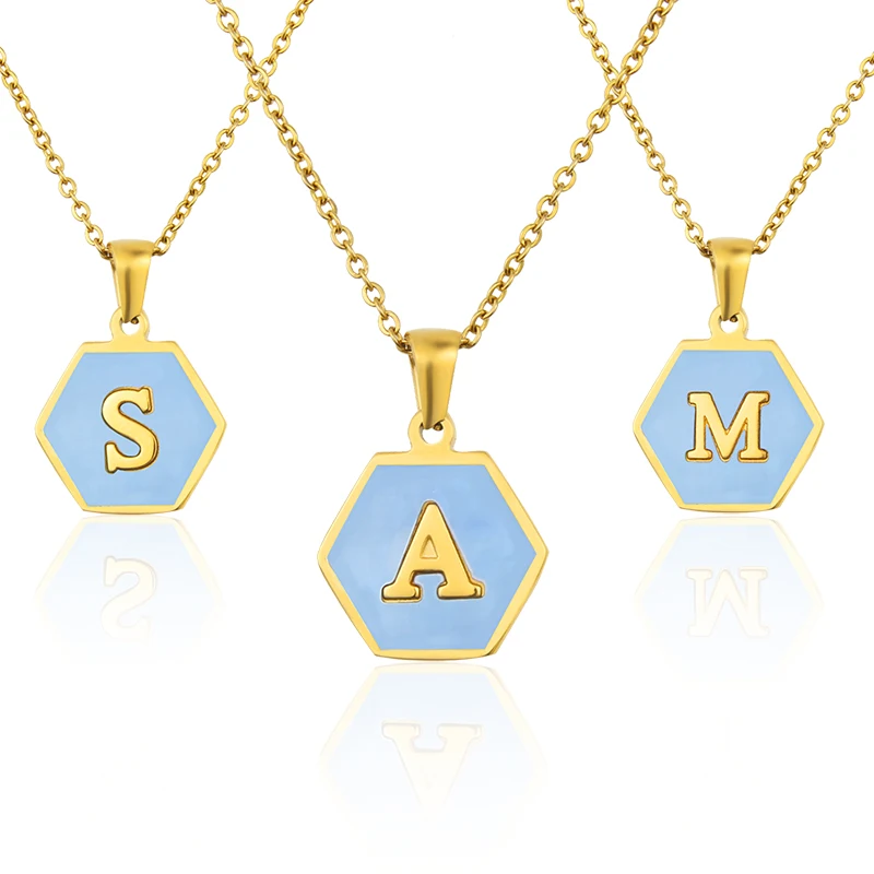 

Custom Name 18K Gold Stainless Steel Letter A-Z Initial Necklace Women's Blue Hexagon Shell Pendant Jewelry Gift, Gold color