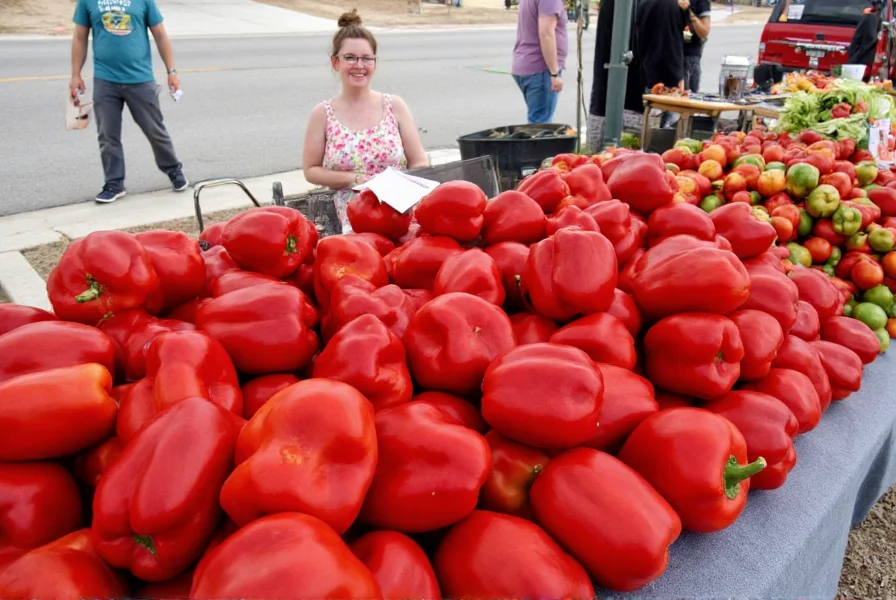Fresh red bell peppers displayed at Grand Forks farmers market with local vendor
