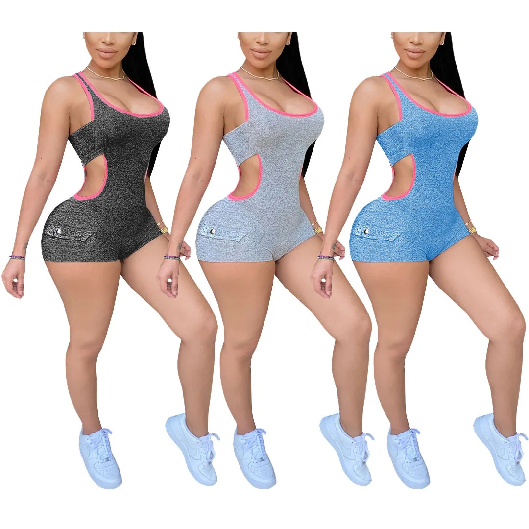 

FS3018D solid color Summer hollow out yoga sports jumpsuit Street style hot girl's casual short jumpsuits