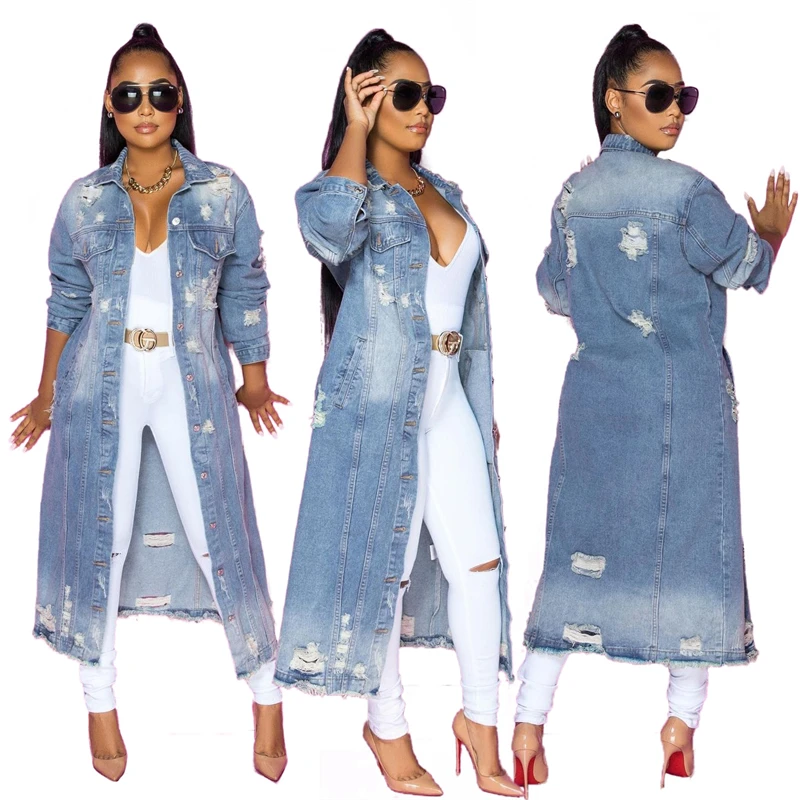 

2021 Fall Fashion New Products Jackets Long Ripped women's jean Long Sleeve Cardigan Ripped Windbreaker for Ladies Denim Jacket
