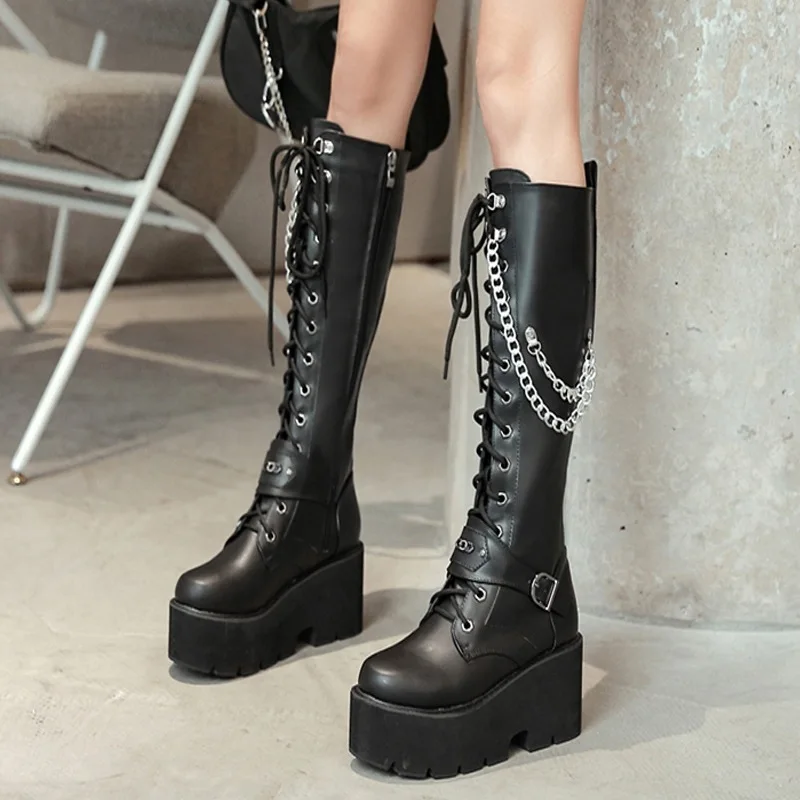 

Fashion Cross Strap PU Leather Chain Women Boots Winter Zip Ladies Knee High Boots Thick Sole Platform Shoes Women Punk Gothic
