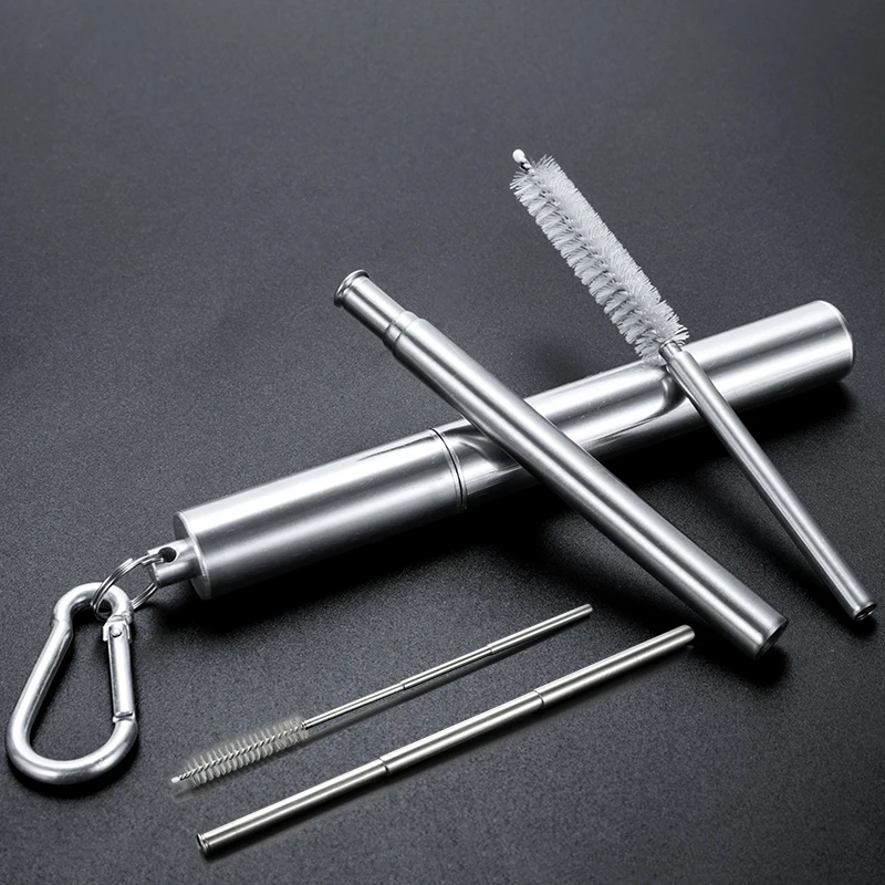 Hot sale Portable reusable stainless steel metal collapsible telescopic drinking straw with Aluminum Case And Cleaning Brush