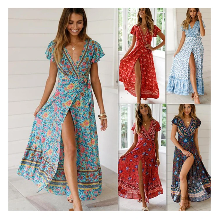 

Hot High Quality Summer Sexy Deep V Neck Flower Print Casual Dress Women Party Short Sleeve Holiday Long Dresses, Customized color/as show
