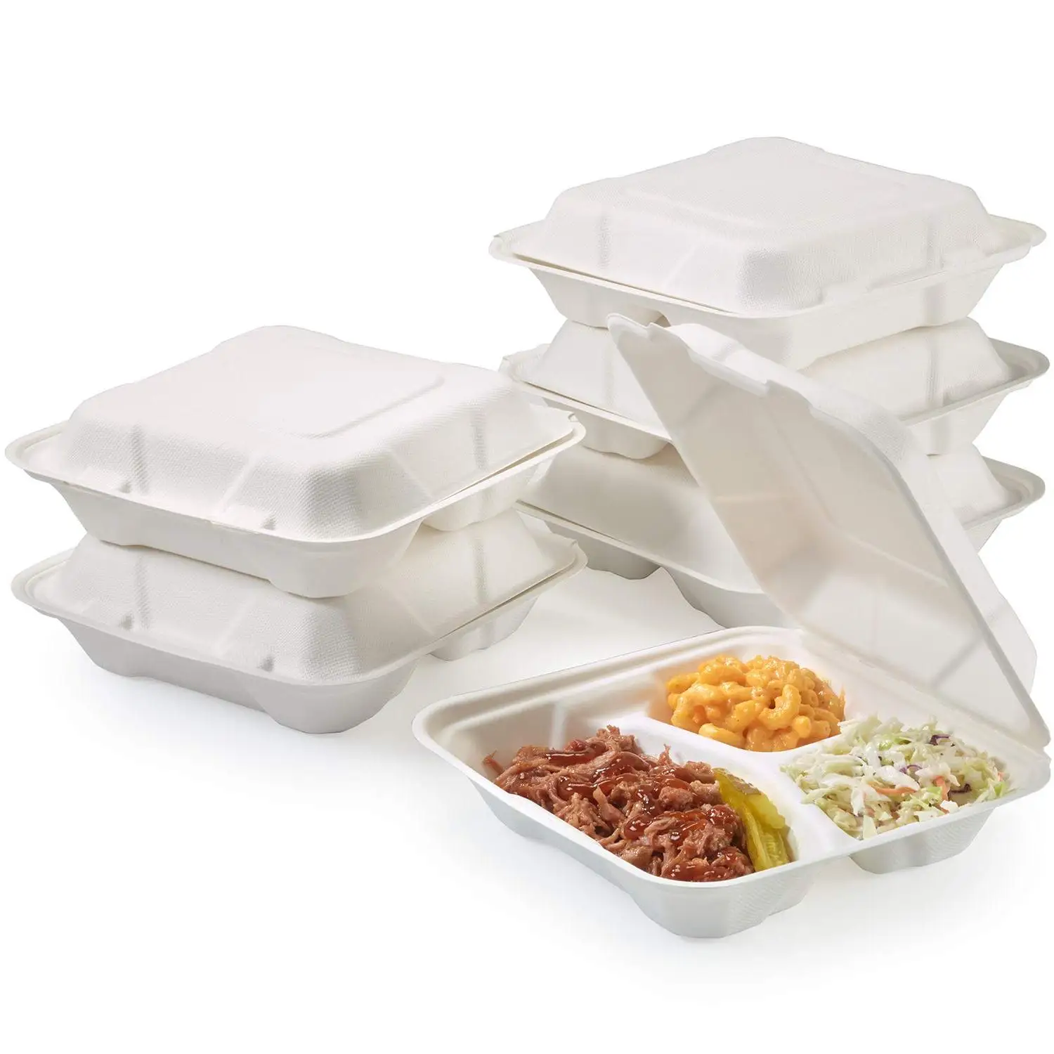 

Disposable biodegradable 8"3 compartment Shallow Clamshell sugarcane bagasse food boxes takeaway container
