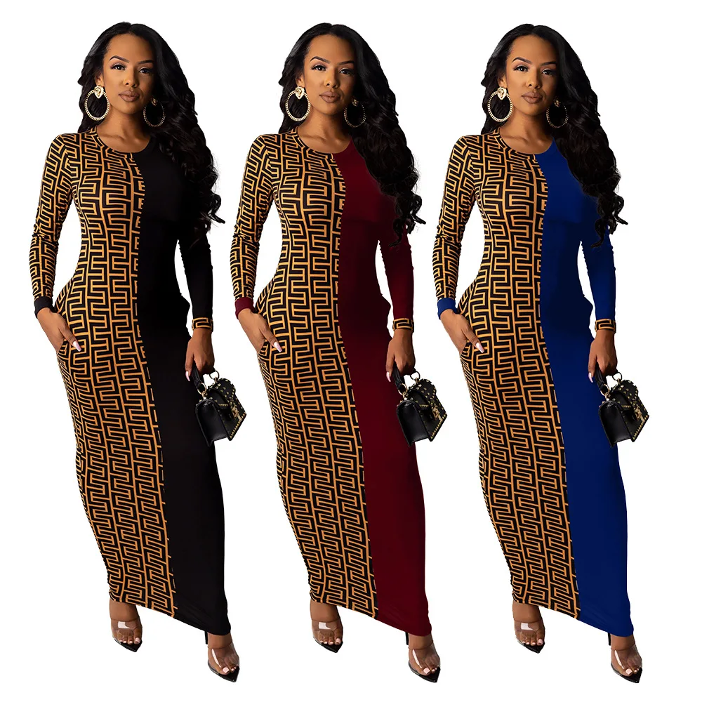 

MT22-9173 women trending geometric patched long sleeve maxi dresses two pieces skirt set