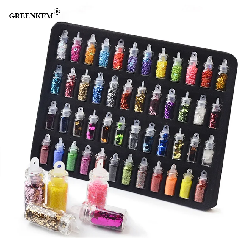 

GREENKEM 48 Bottles/Set Nail Art Powder Manicure Decoral Tips Polish Nail Stickers Mixed Design Case Set Nail Glitter Sequins