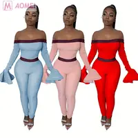 

I1019 new style off shoulder full falred sleeve solid Sexy Woman Rompers And Jumpsuit jumpsuits women 2020