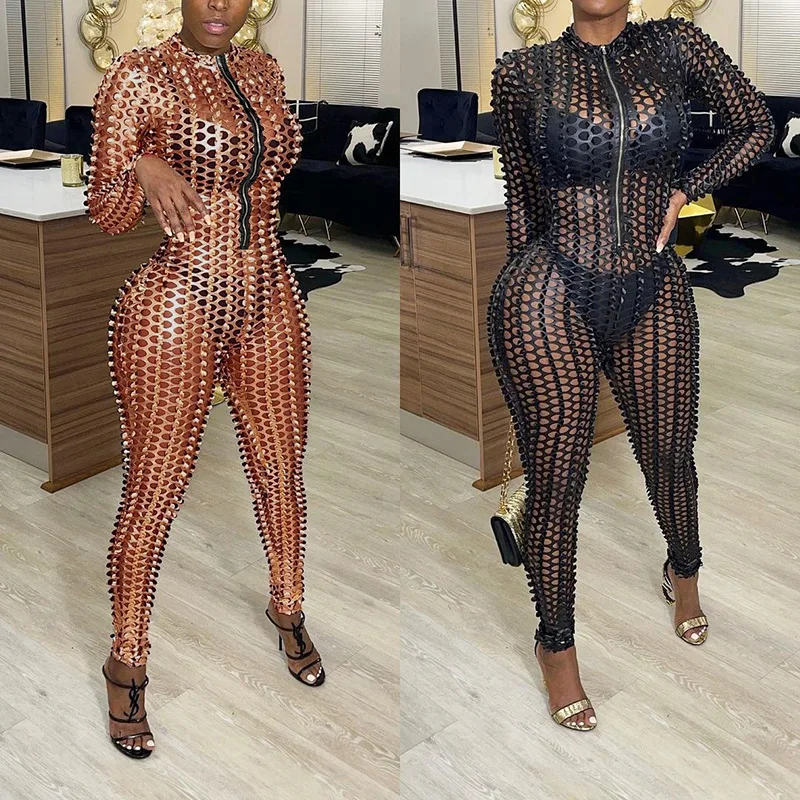 

Wholesale 2021 new women sexy club wear solid see through hollow out zipper jumpsuit bodysuits, Photos show