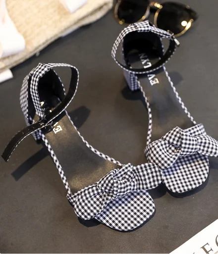 

Factory direct thick heel open toe suede Plaid buckle with bow middle heel women's shoes, Lattic,black,khaki