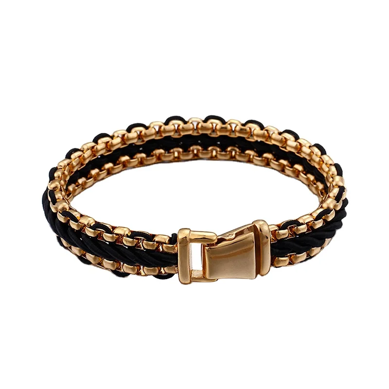 

New Design Stainless Steel Jewelry Plating Gold Woven Bracelet Mens Bracelet Leather