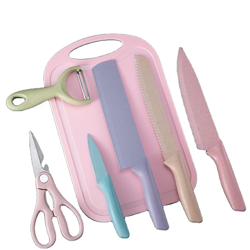 

kitchen accessories colorful 6 pcs knife set stainless steel kitchen knife set with chopping board, Multicoloured