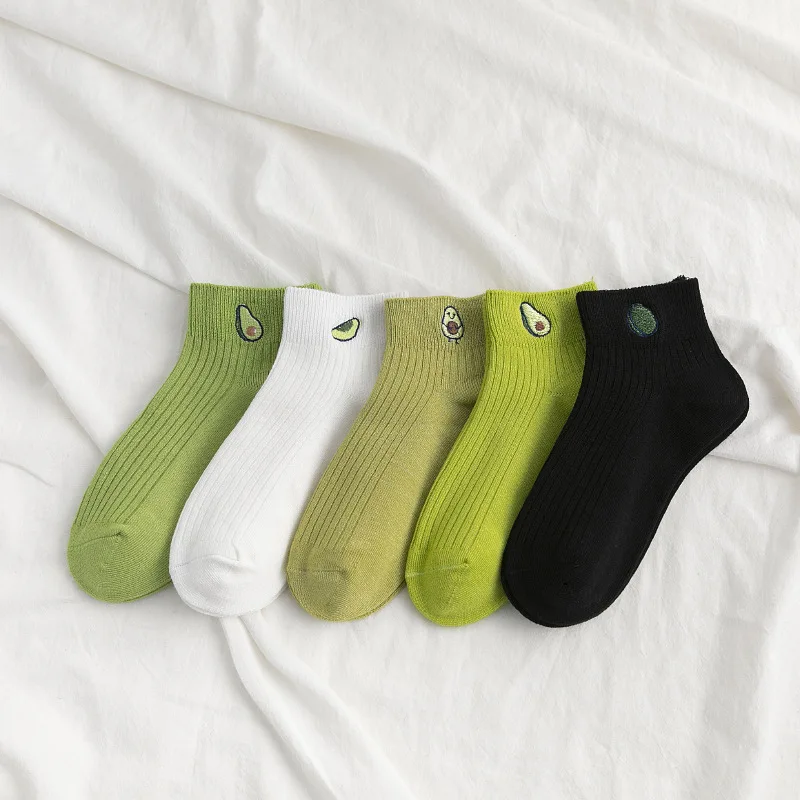 

Summer Casual Ladies Students Girls Avocado Fruit Embroidery Short Ankle Socks, 5 choices