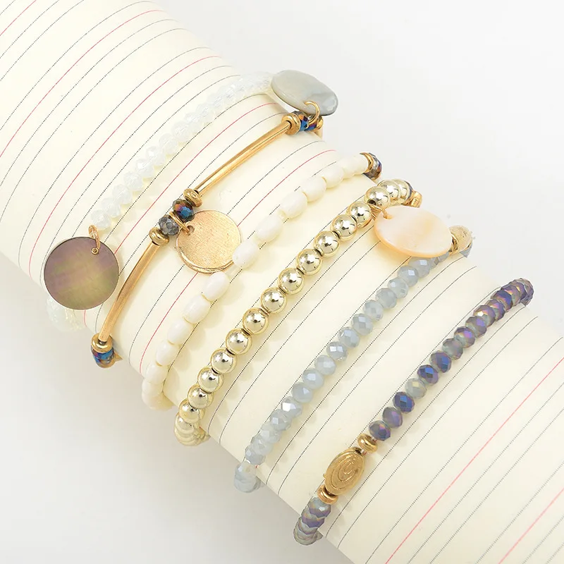 

5 PCS Shiny Faceted Beads Gold Pipe Natural Shell Disc Bracelet Set, 5 colors