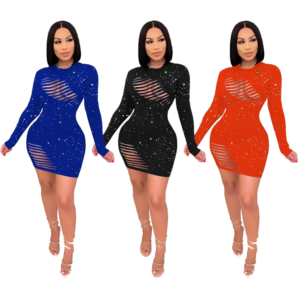 

Fashion Sexy Print Ripped Shining Hollowed Out Long Sleeve Sequined Night Club Dresses, As picture shows