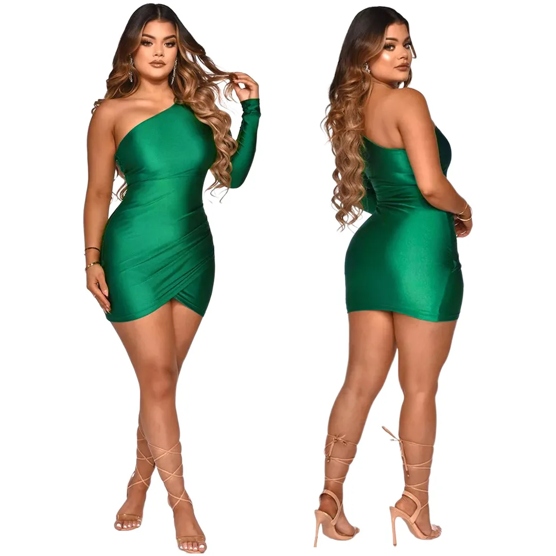 

2022 New Arrivals Fashion Women Sexy One Off Shoulder Single Sleeve Above Knee Length Irregular Satin Mini Dress