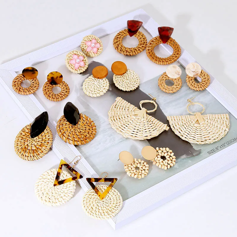 

Handmade Resin Geometric Fan Shaped Rattan Pendant Earrings Boho Jewelry Wooden Rattan Wicker Straw Drop Earrings