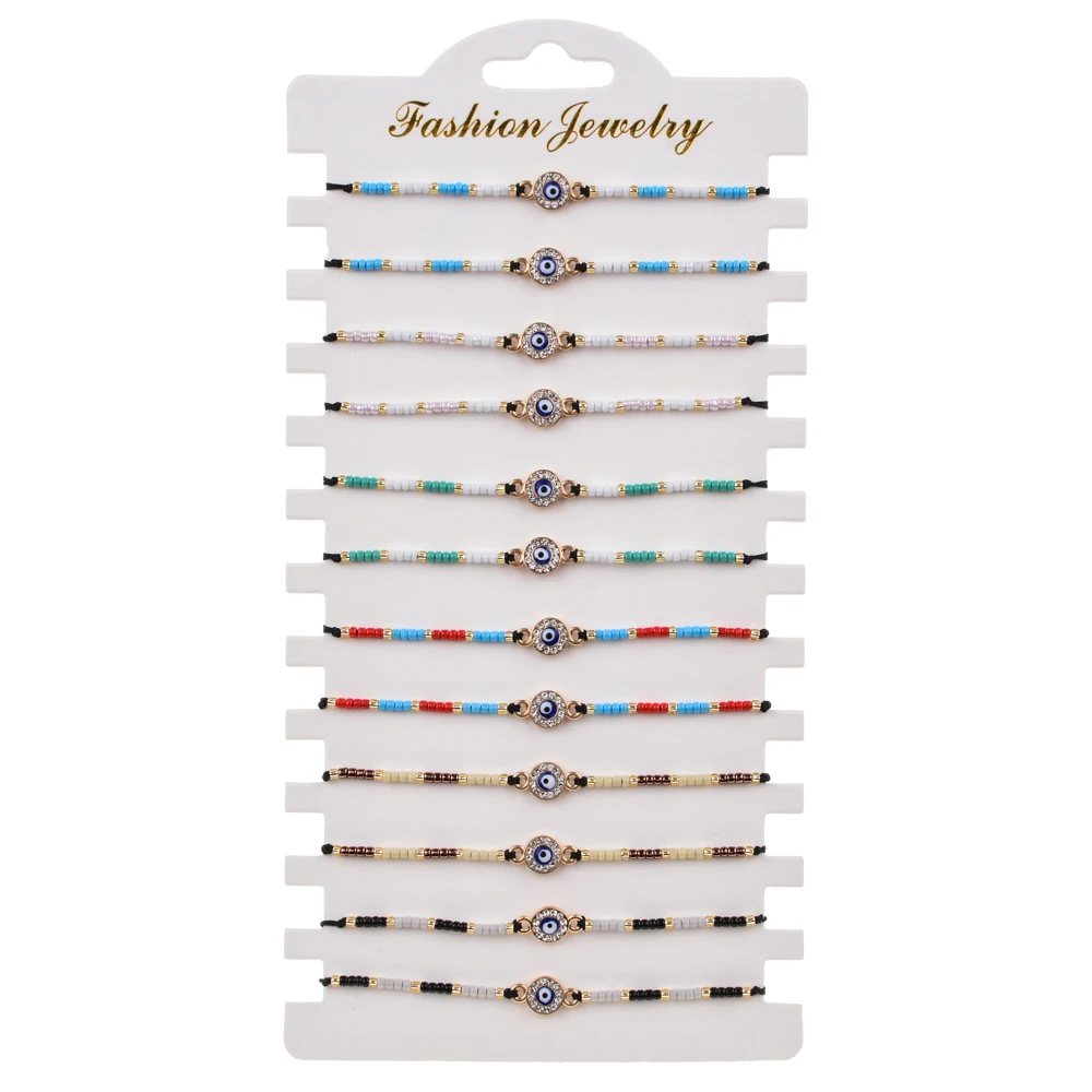 

Bohemian 12pcs/set Evil-Eye Braided Rope Bracelet Adjustable Seed Beads Bracelet Woven Friendship Bracelet for Women Jewelry, Colorful