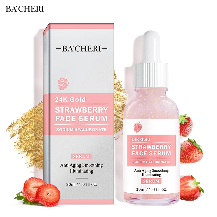 

Hot Sale Private Label Skin Care Natural Organic Strawberry Moisturizing Anti Aging Lightening 24K Gold Facial Serum