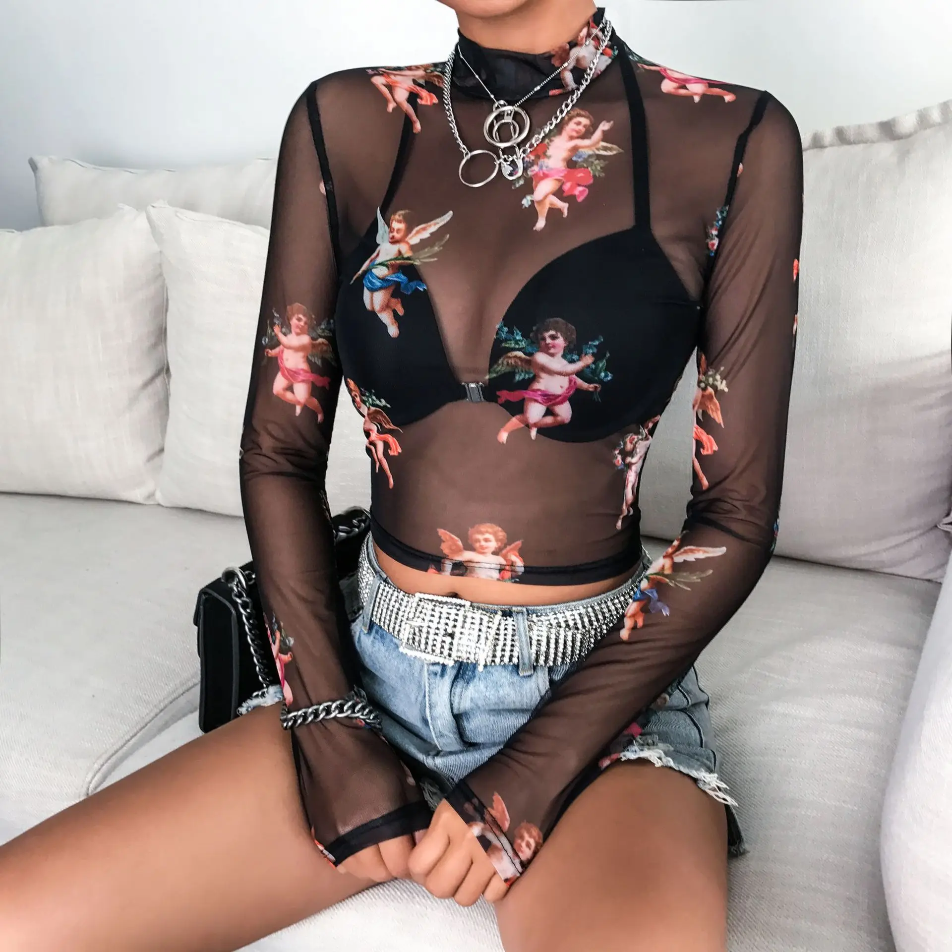 

2019 hot sell women blouses and tops lady sexy cartoon print see through transparent mesh blouse crop top, Picture