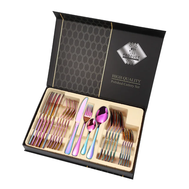 

Knife Spoon Fork Set Gold Flatware Stainless Steel Cutlery Set with Box 24pcs Flatware Sets, As shown or customized color
