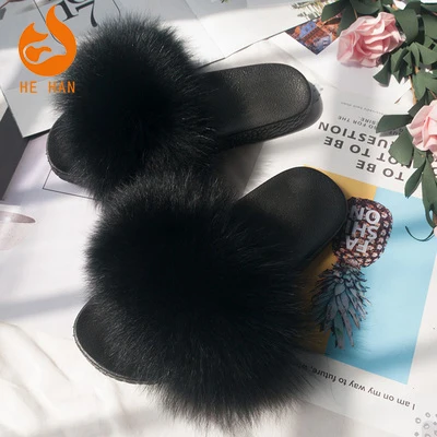 

pretty home indoor winter pvc furry fluffy fur slides real fox fur slippers for women
