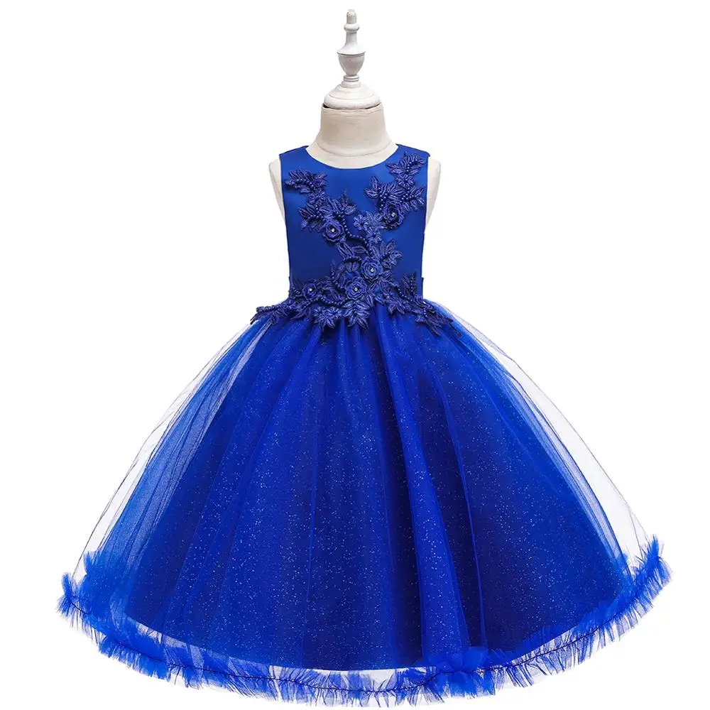 

Blue beautiful beaded kids prom dress for girl soft and comfortable 12 years old girl bridesmaid dress for children
