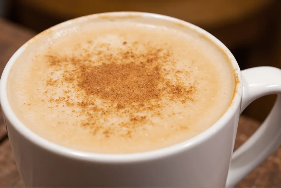 Close-up of perfectly layered cinnamon dolce latte in a white ceramic mug with cinnamon sprinkle on top