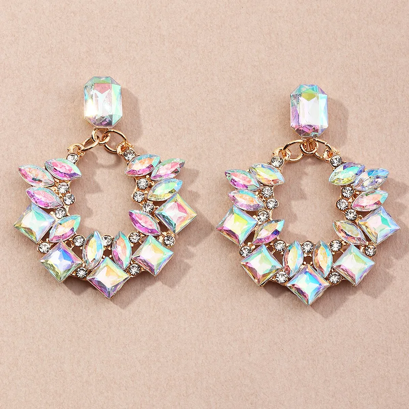 

Fashion color diamond series high-end creative round alloy rhinestone geometric earrings