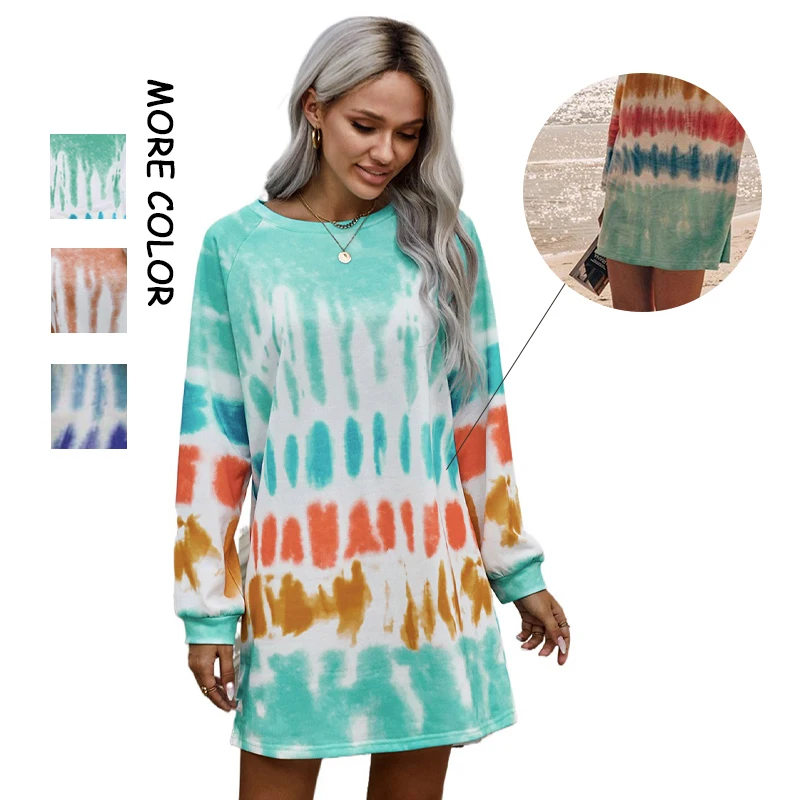 

New Arrival Casual Winter Autumn Women Tie Dye Crew Long Sleeve Oversized Hoodie Sweatshirt Dress, Customized sweatshirt dress