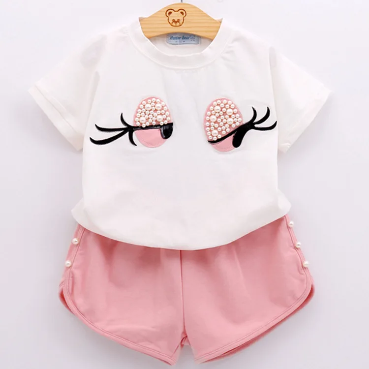 

Wholesale summer big eyes pearl short t-shirt+pants outfit baby girl clothing set, Pink/gray