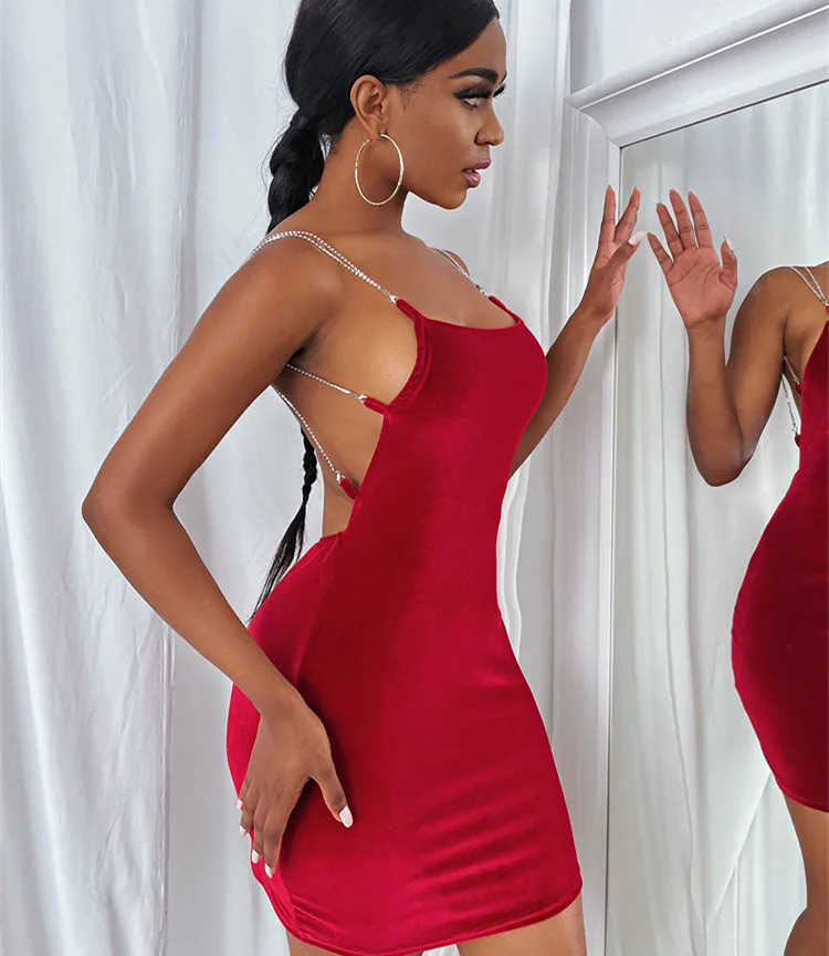 

Sexy chain backless sling mini dress ladies solid color halter bodycon dresses for party, Customized color