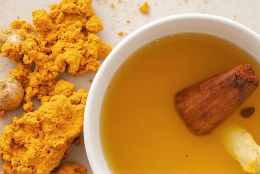 Steaming cup of golden turmeric ginger cinnamon tea with visible spice particles