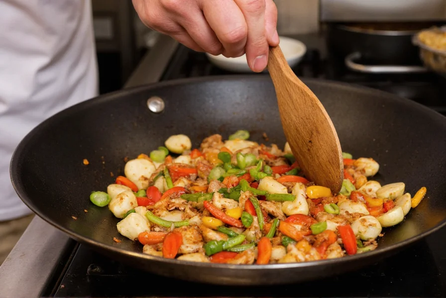 Thai chef stirring wok with vegetables and nam prik pao chili paste