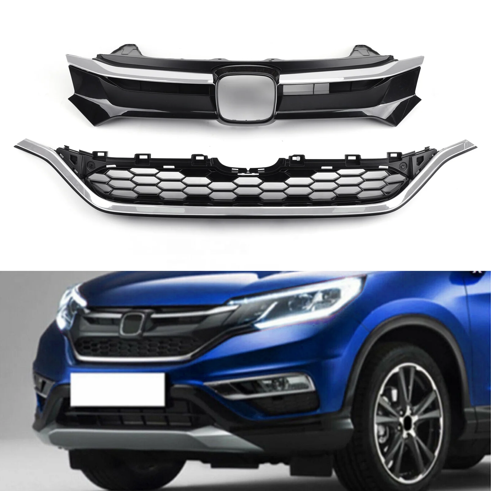 

Areyourshop Car Front Bumper Cover Grid Upper Trim + Lower Grille For Honda CRV 2015 2016, Black