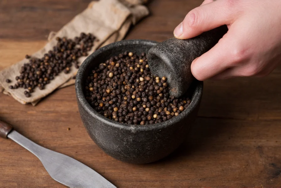 Close-up of hands measuring black peppercorns into a mortar and pestle