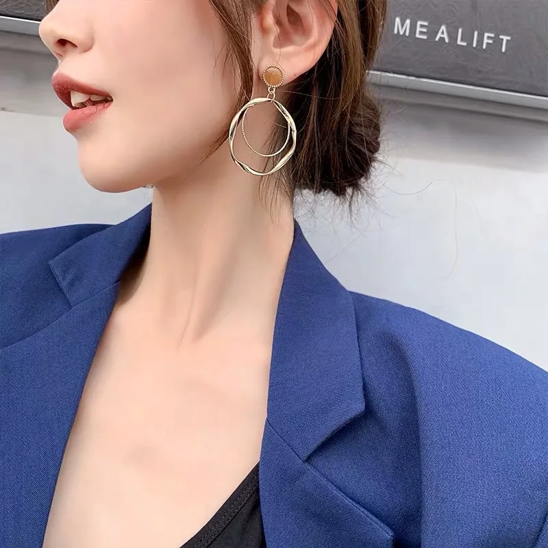 

S925 silver irregular multilayer circle earrings retro Harbor style earrings women