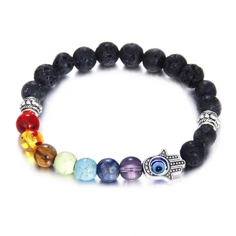 

2021 women eye stone agate lava-rock colorful natural stone beads bracelet with seven chakras bracelet with evil eye bracelets