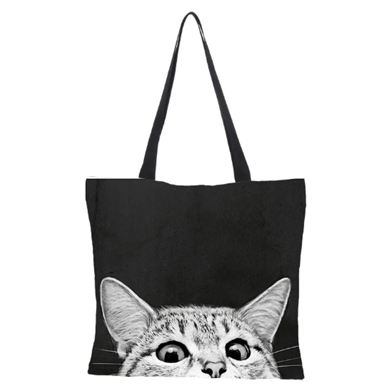 

Wholesale Cute Cat Dog Pattern Cotton Linen Shopping Bag Eco-friendly Animal Print Jute Tote Bag, Black