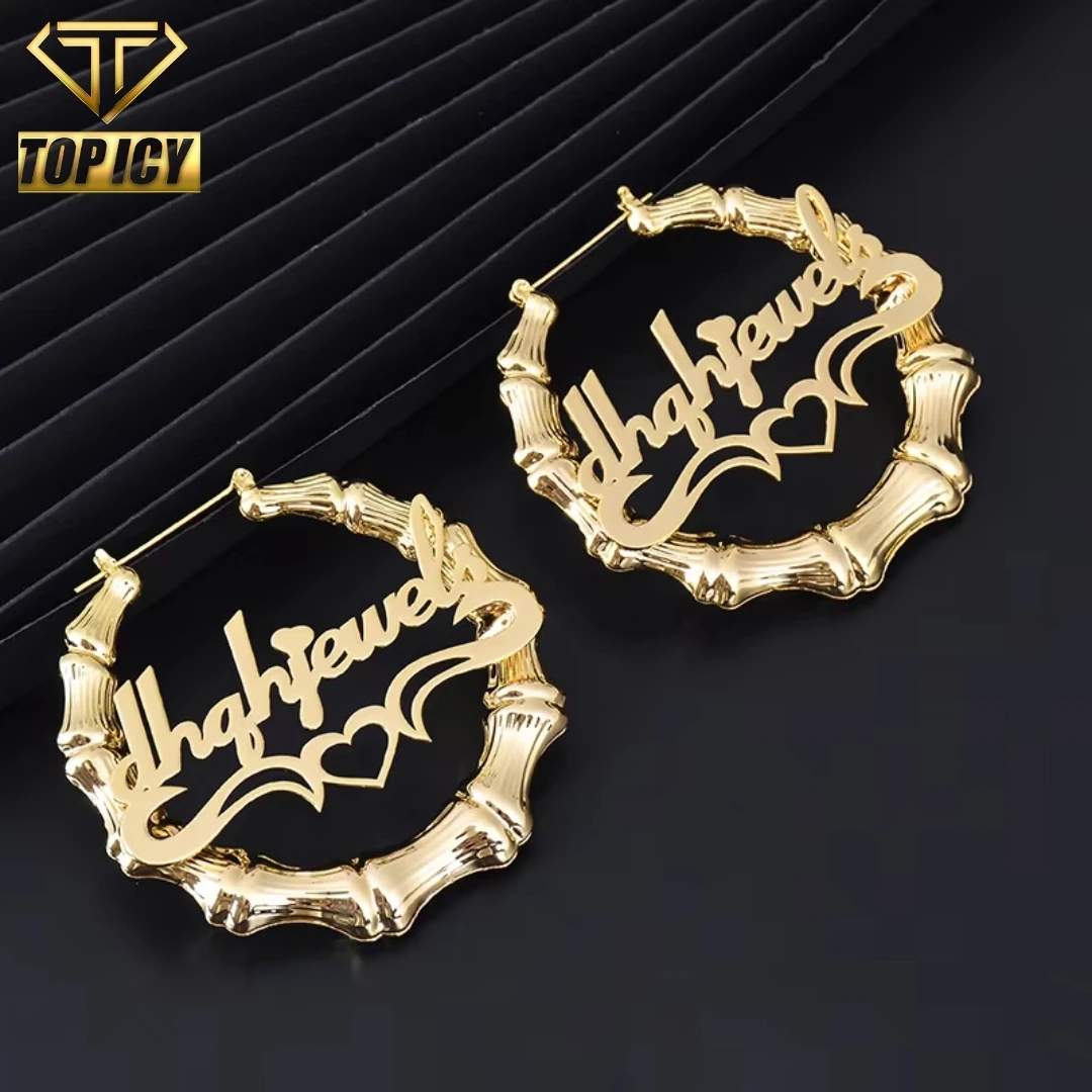 Personalized Name Letter Hip Hop Earrings for Women Wholesale Trendy Jewelry Custom Stainless Steel Bamboo Hoop Earrings