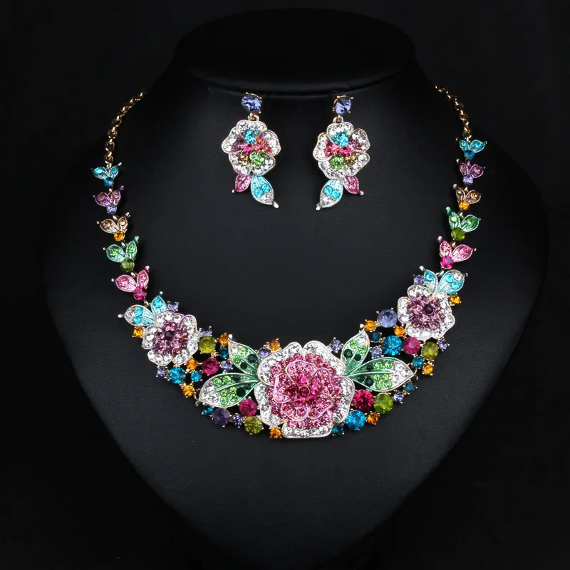 

New Hot Statement Necklace Chokers Colorful Crystal Jewelry Women Big Rhinestones Flower Collar Necklace, 3 different colors avaiable