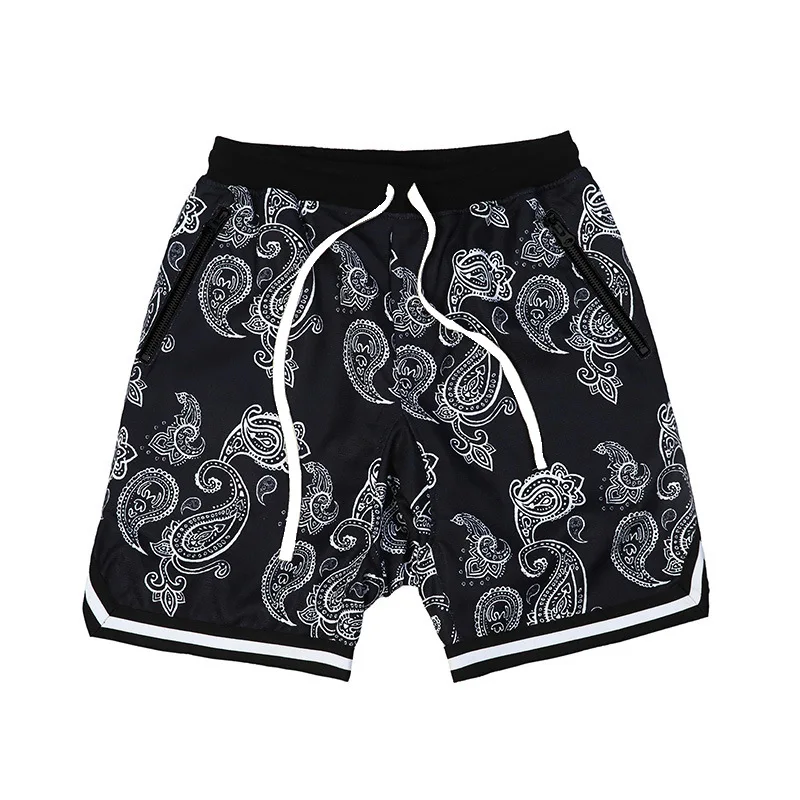 

Wholesale High Waist Beach Shorts Casual Mens Black Paisley Print Board Men Bandana Shorts, Custom colors